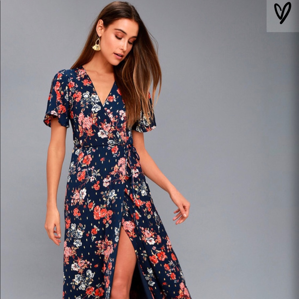 Lulu’s Navy Blue Floral Print Wrap Maxi Dress, M